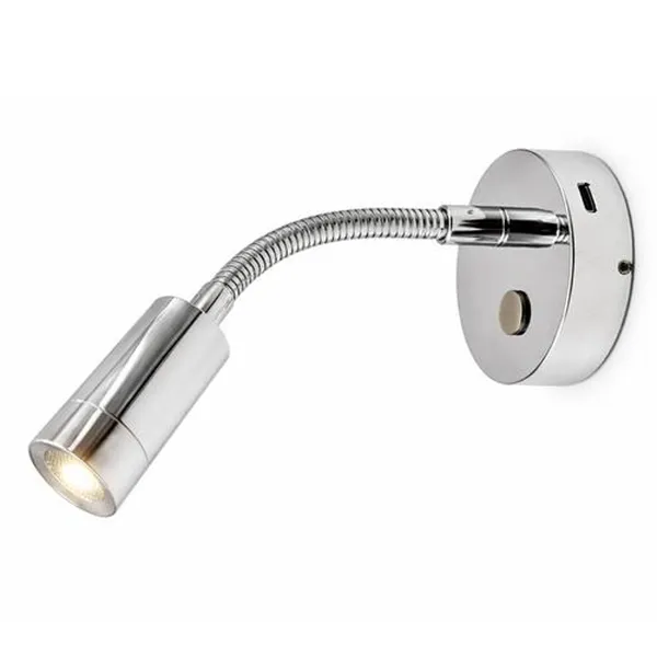 Nautilight Aries Short LED vegglampe med flexarm, USB-C uttak 2W, 12/24V, Krom